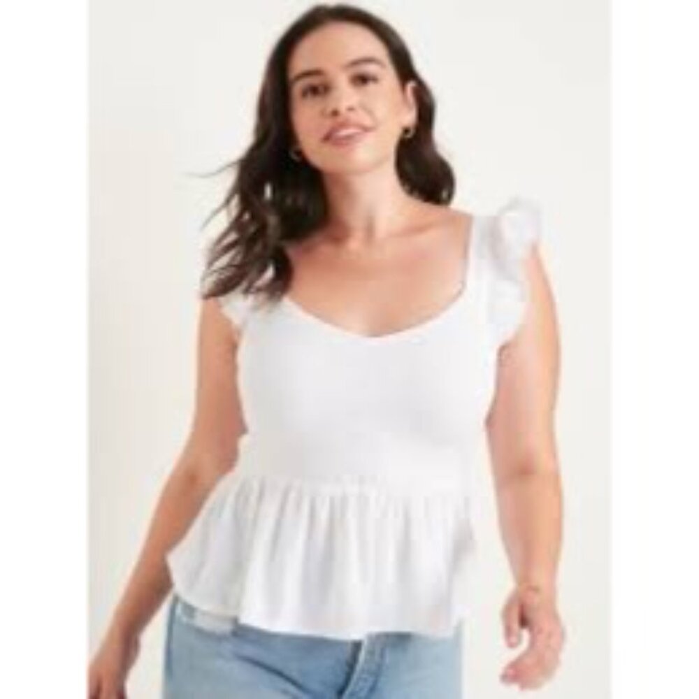 Old Navy White Ruffled Smocked Cottagcore Croquette Sleeveless Cotton Blend Top - Picture 10 of 13